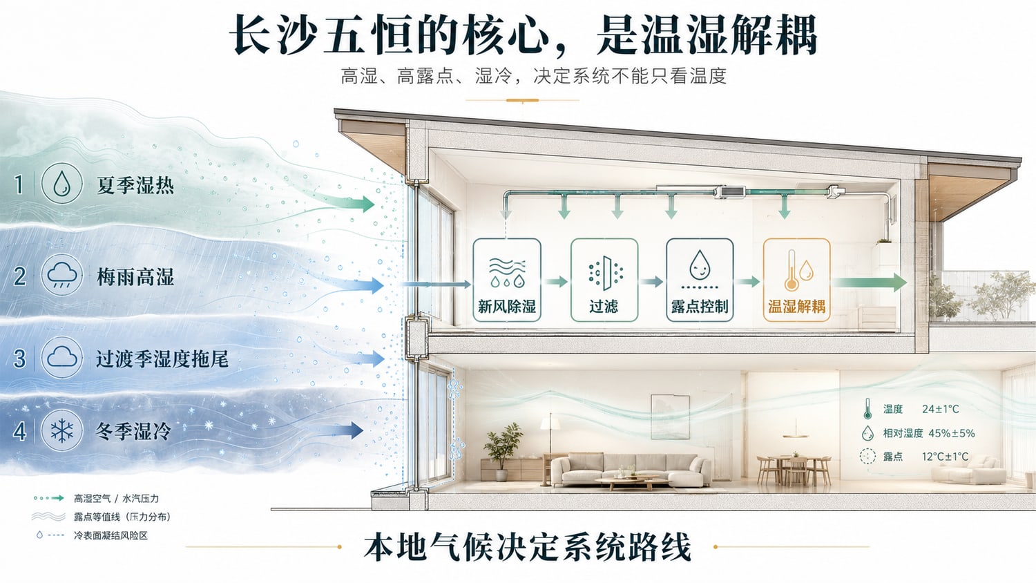 长沙五恒系统的核心是温湿解耦：高湿、高露点、湿冷决定系统不能只看温度