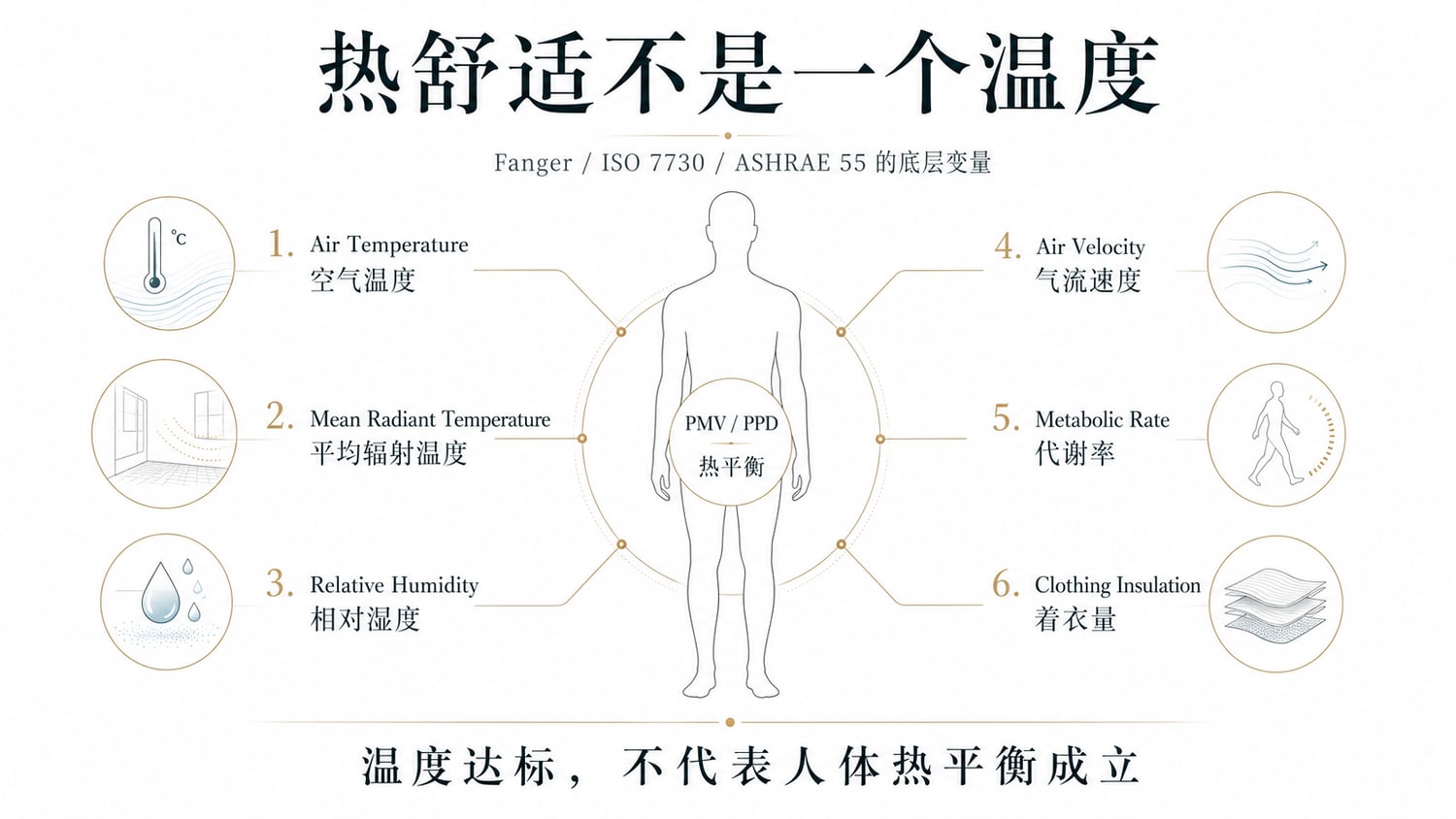 人体热舒适六变量图：空气温度、平均辐射温度、相对湿度、气流速度、代谢率和着衣量共同决定热平衡