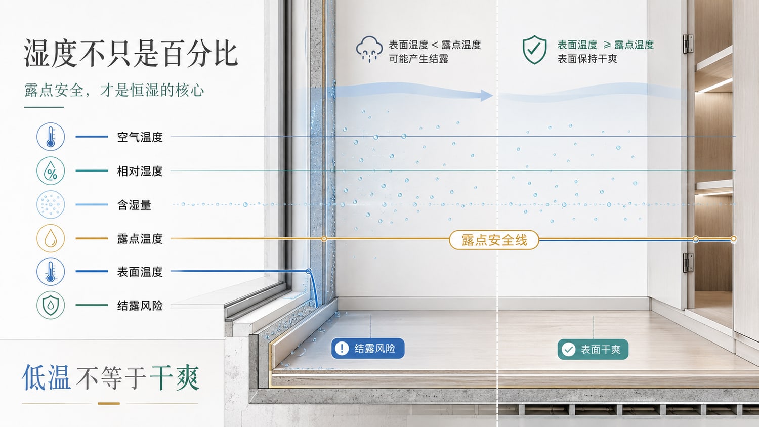 湿度与露点安全示意：表面温度低于露点可能结露，露点受控才能保持干爽