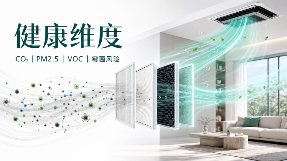 健康维度室内空气质量示意，包含 CO2、PM2.5、VOC 和霉菌风险