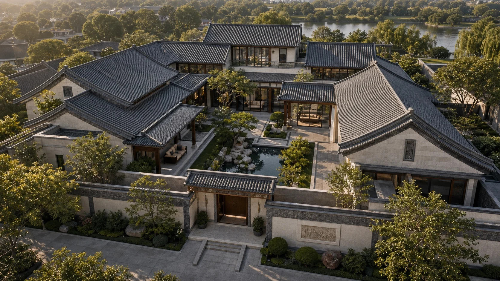 中国高端四合院别墅俯拍全景，院落完整、空间开阔、光影舒展