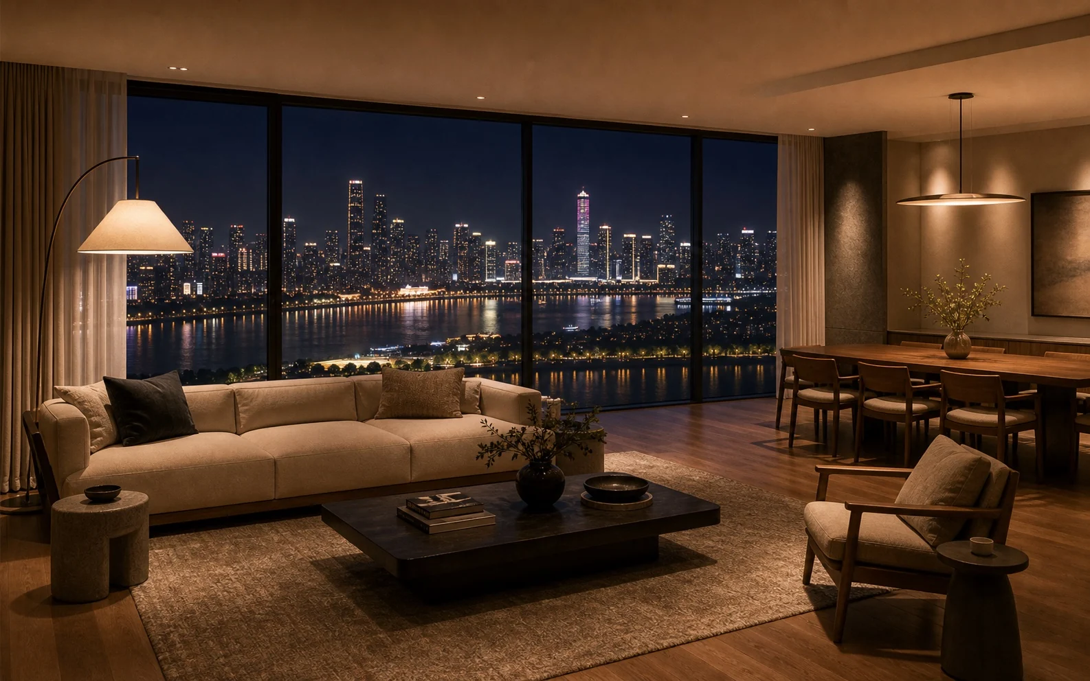 高层临湘江住宅夜景客厅全景，落地大窗外可俯瞰长沙江景与城市灯火，室内安静舒适、光线柔和克制