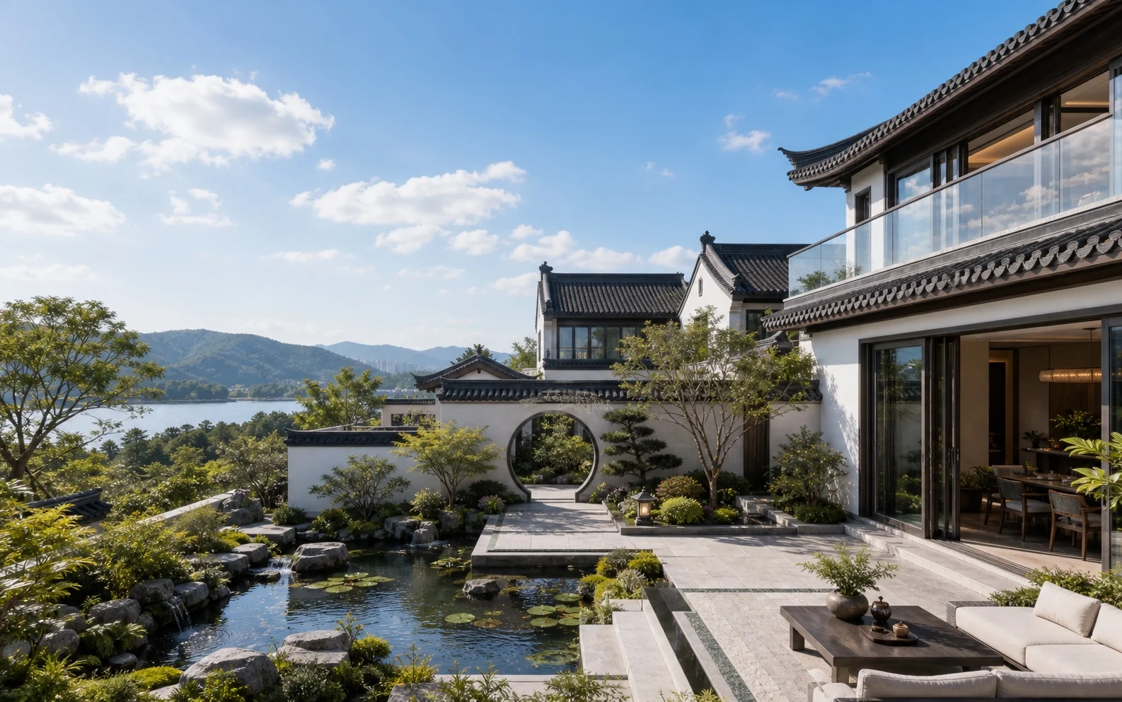 白天湖南湖景中式别墅全景，庭院、临水景观与远山层次开阔舒展